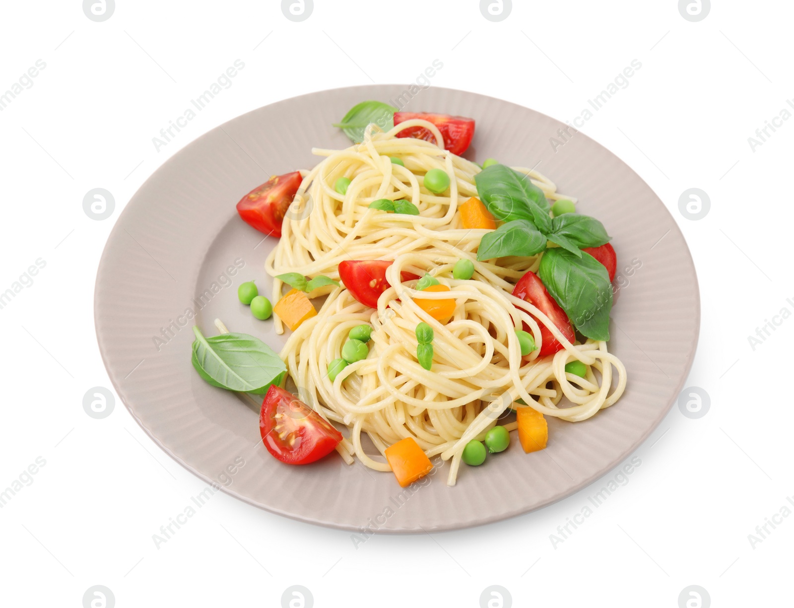 Photo of Plate of delicious pasta primavera isolated on white