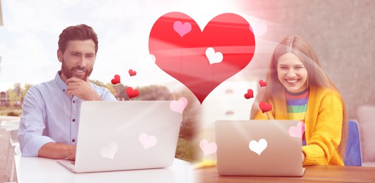 Man and woman chatting on dating site indoors, banner design. Many hearts between them