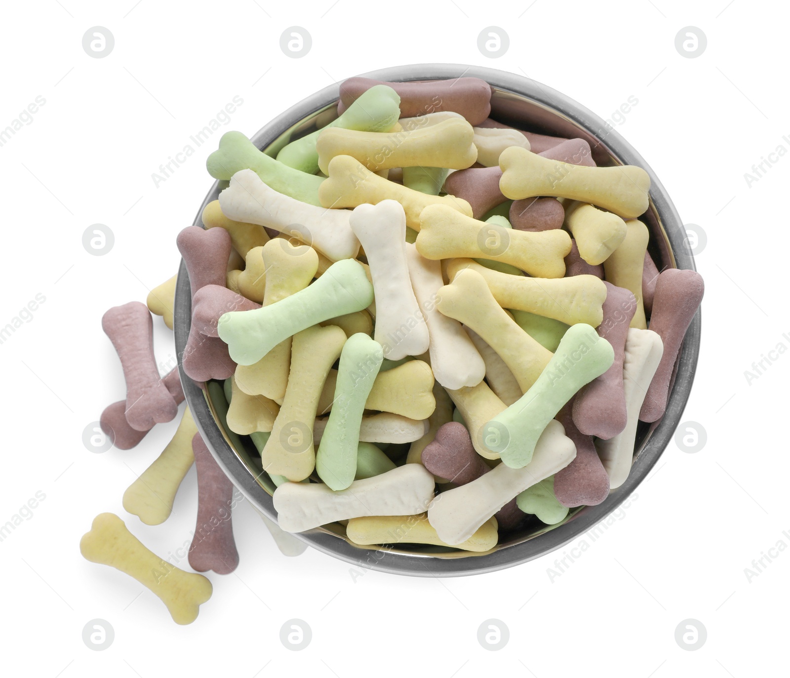 Photo of Different bone shaped dog cookies and feeding bowl on white background, top view