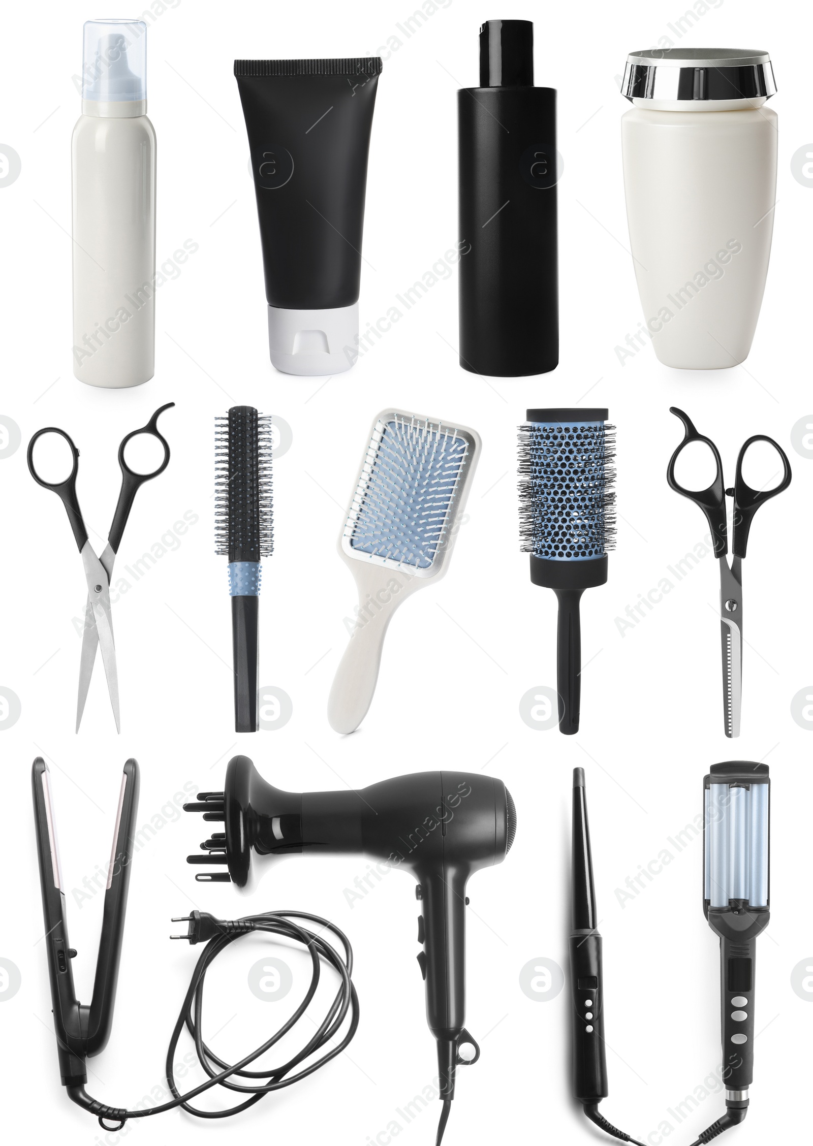 Image of Set with professional hairdresser tools and cosmetic products on white background