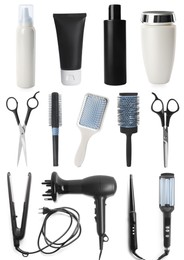 Image of Set with professional hairdresser tools and cosmetic products on white background