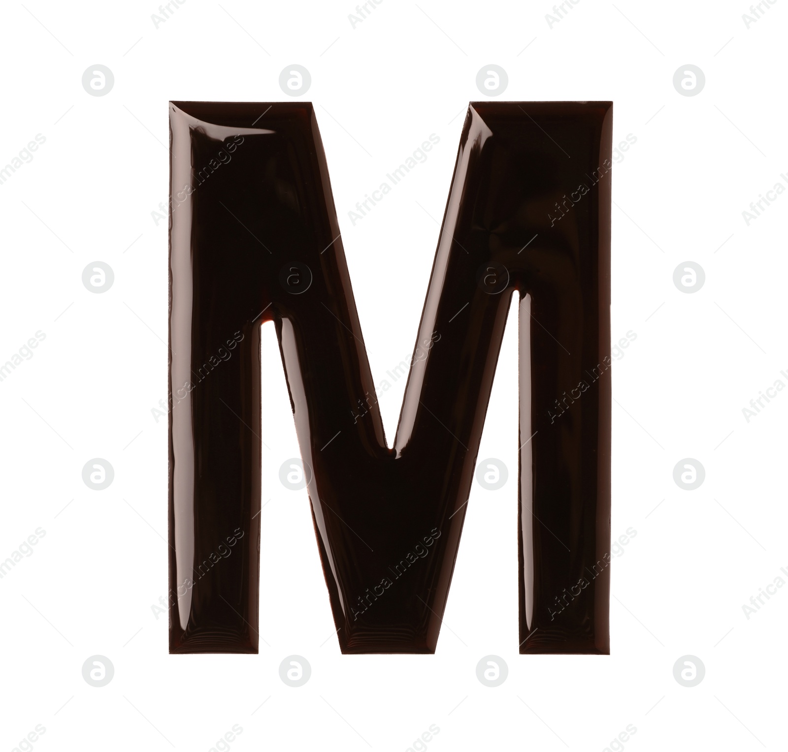 Photo of Chocolate letter M on white background, top view