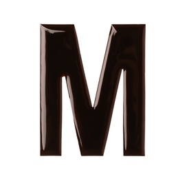 Chocolate letter M on white background, top view