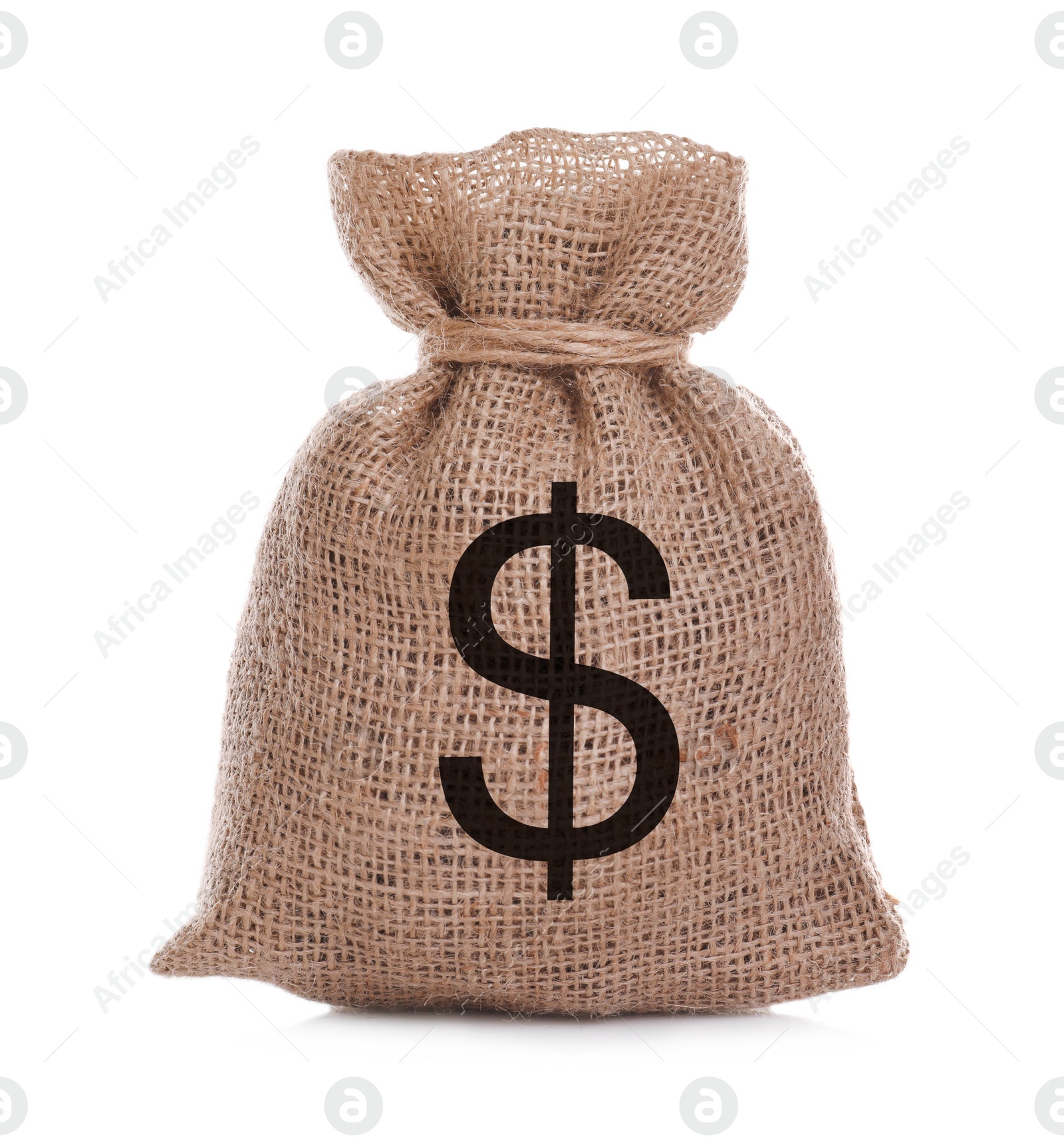 Image of Burlap bag with dollar sign on white background