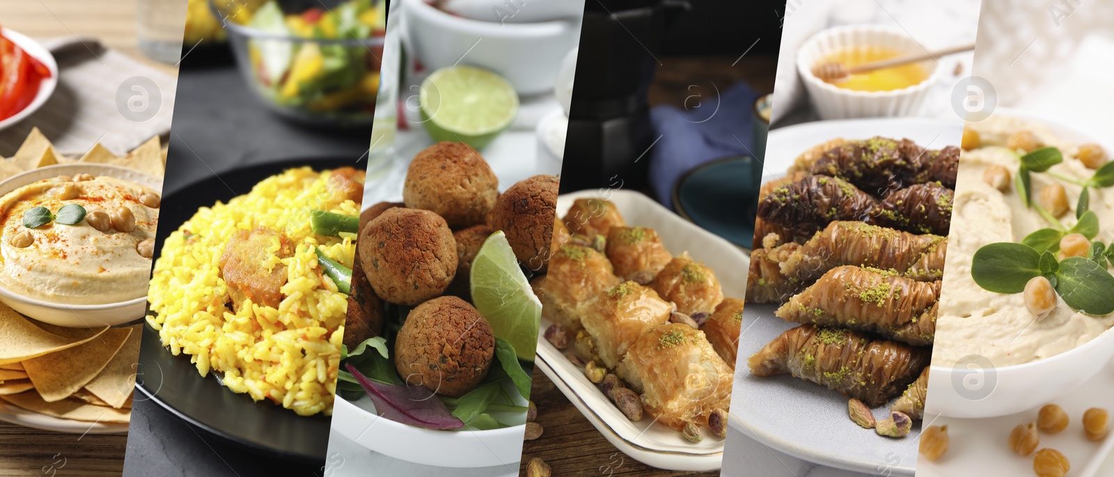 Image of Different tasty Middle Eastern dishes. Collage of hummus, pilaf, falafel balls and baklava