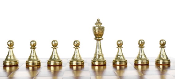 King among pawns on wooden chess board against white background