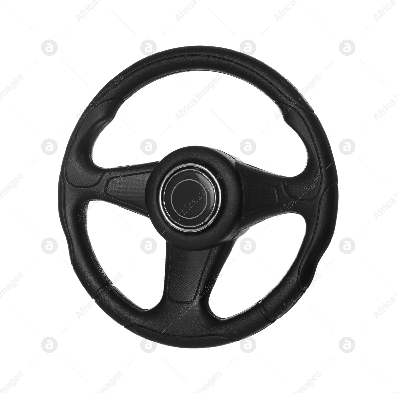 Photo of New black steering wheel isolated on white