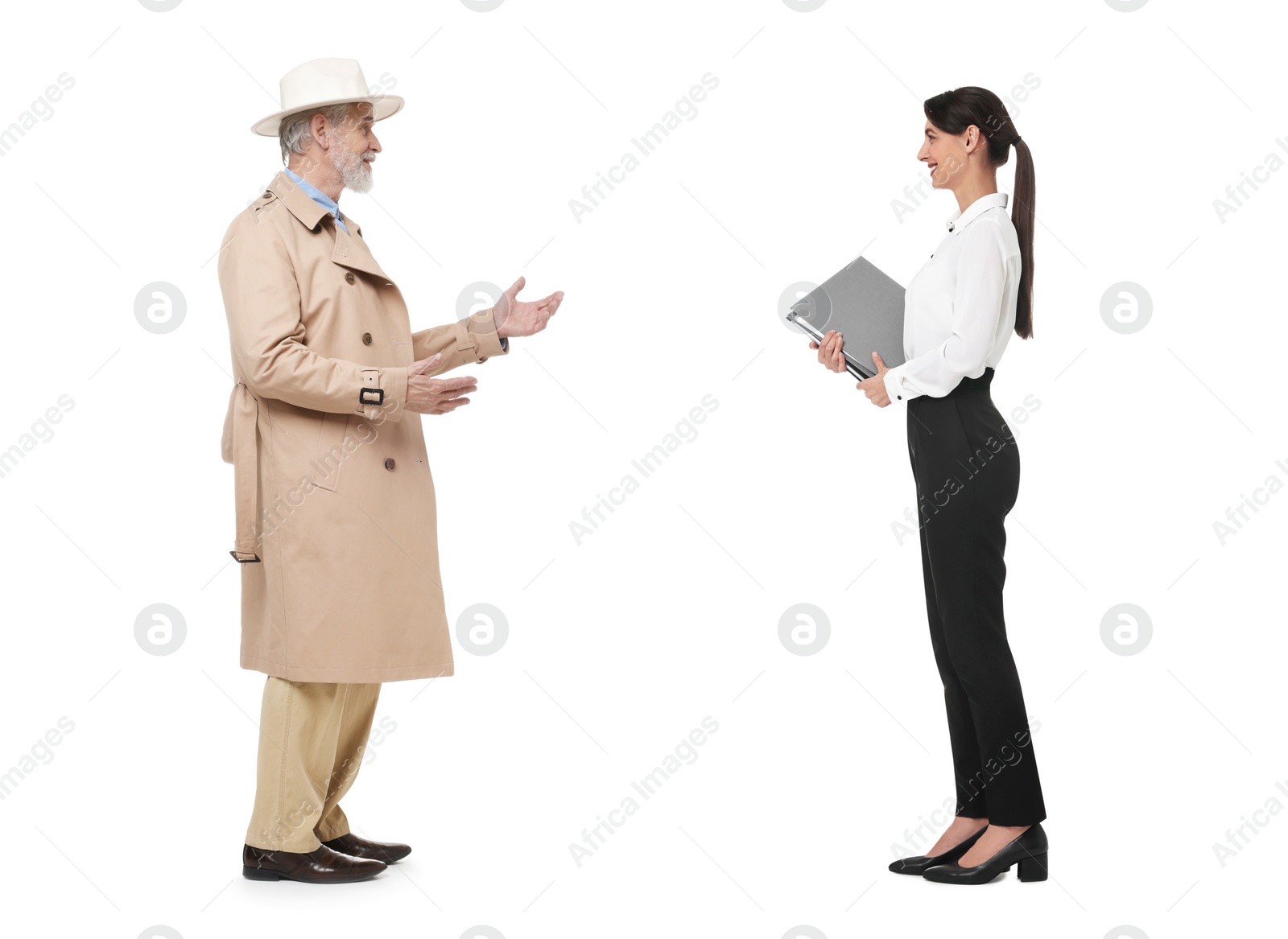 Image of Young woman and senior man talking on white background. Dialogue