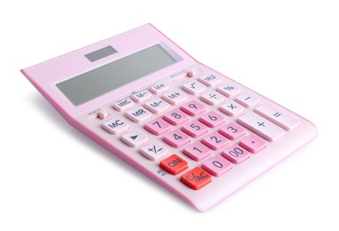 Pink calculator on white background. School stationery