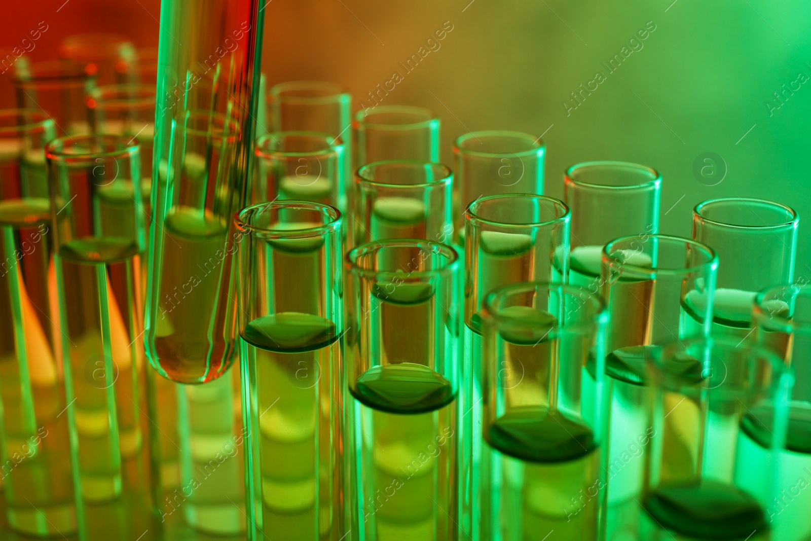 Photo of Taking test tube with liquid sample, closeup. Color tone effect