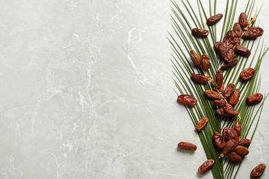 Tasty sweet dried dates and palm leaf on light table, flat lay. Space for text