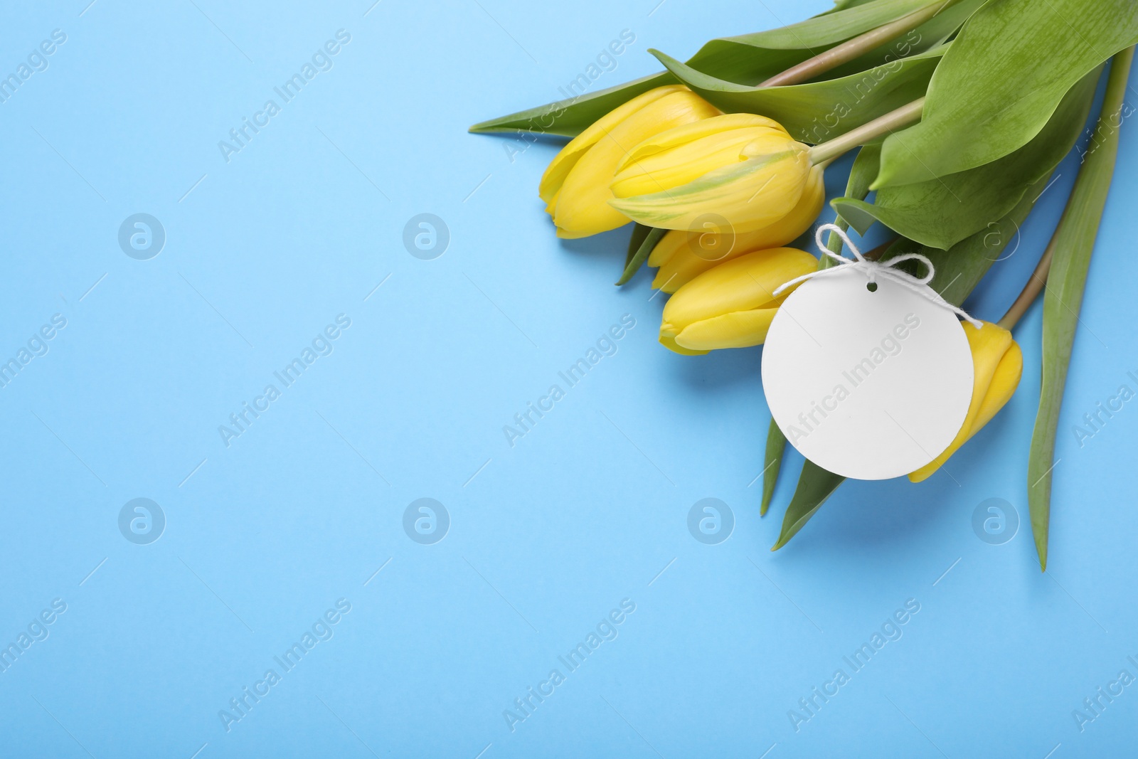 Photo of Bouquet of beautiful yellow tulips and blank card on light blue background, top view with space for text. Birthday celebration