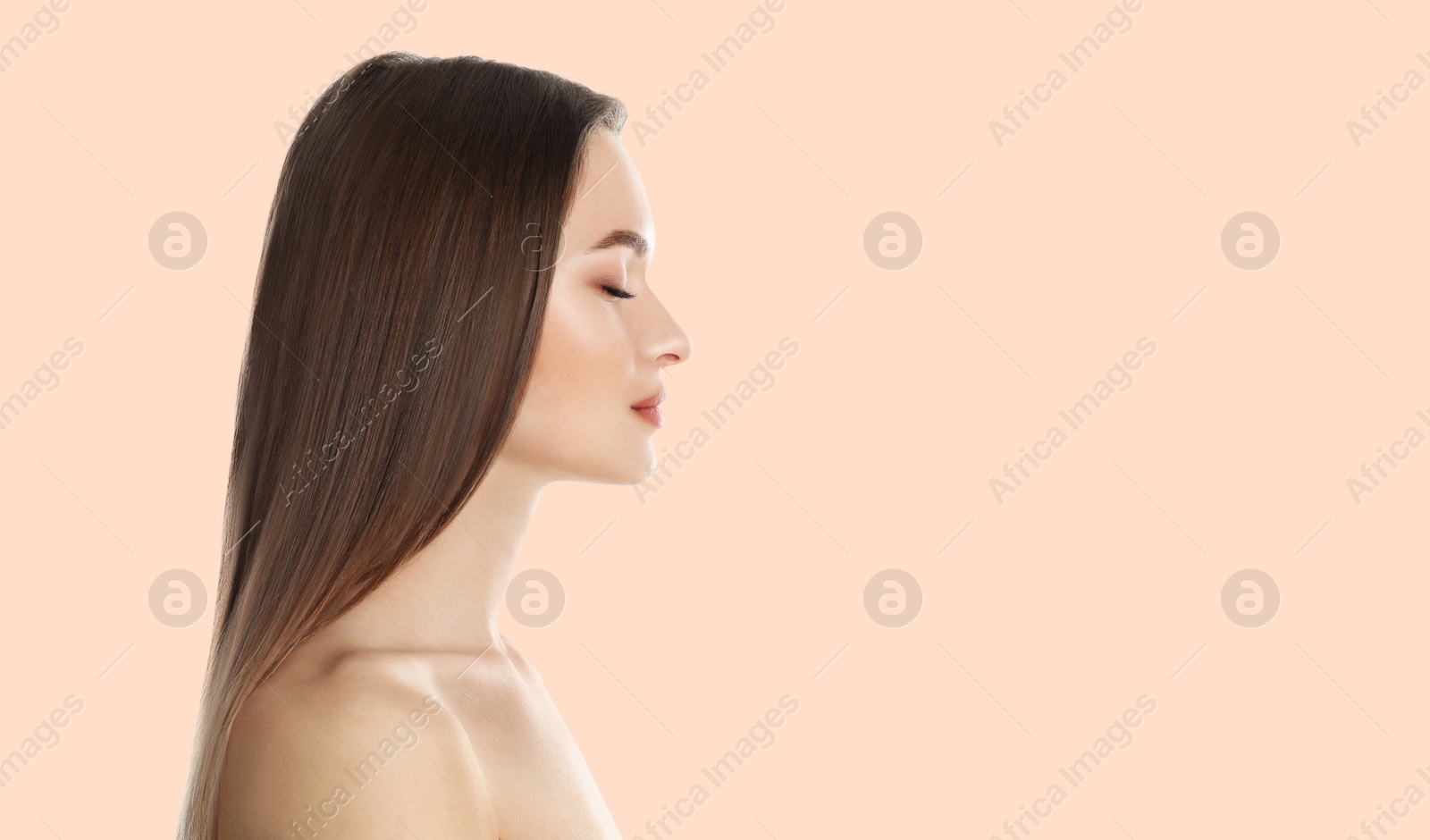 Image of Young woman with beautiful face on light background, space for text 
