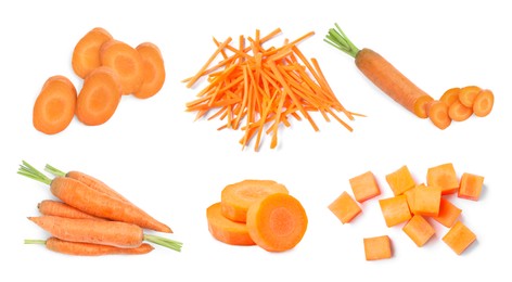 Image of Set with cut fresh carrots on white background