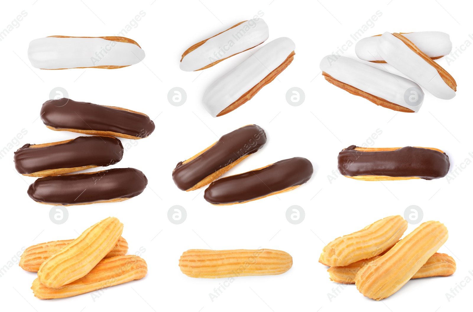 Image of Collage with different tasty eclairs on white background