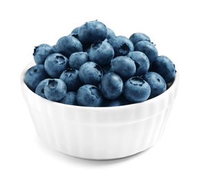 Photo of Fresh ripe blueberries in bowl on white background