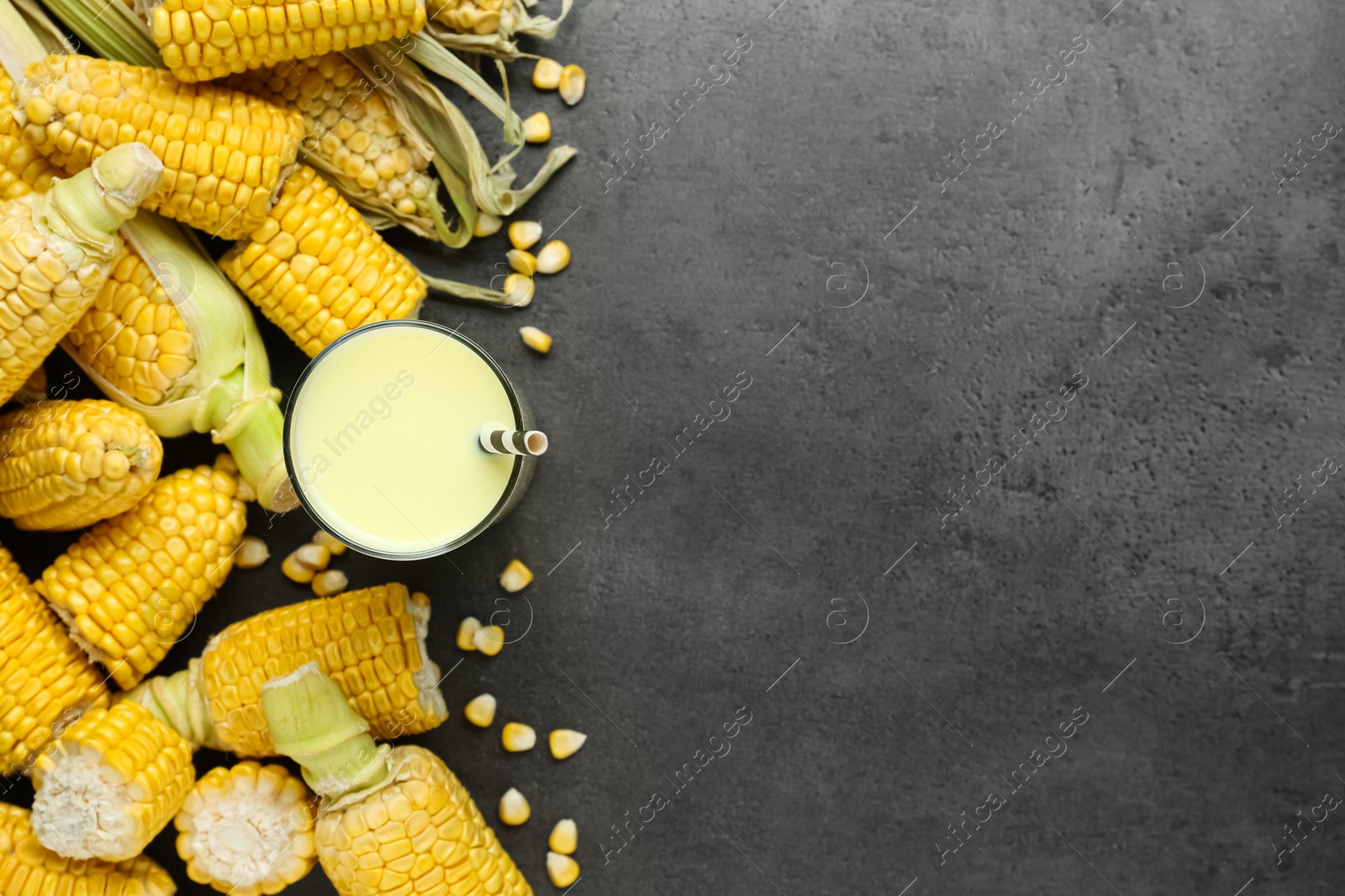 Photo of Tasty fresh corn milk in glass and cobs on grey table, flat lay. Space for text