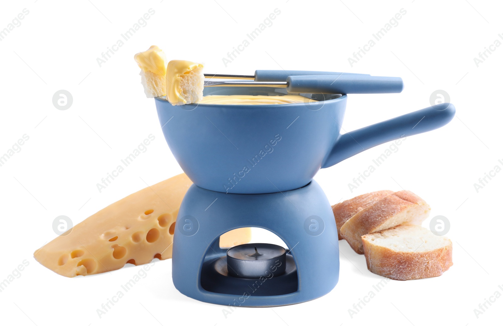 Photo of Composition with delicious cheese fondue and bread on white background