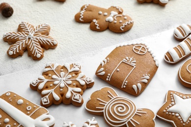 Delicious homemade Christmas cookies on table, closeup