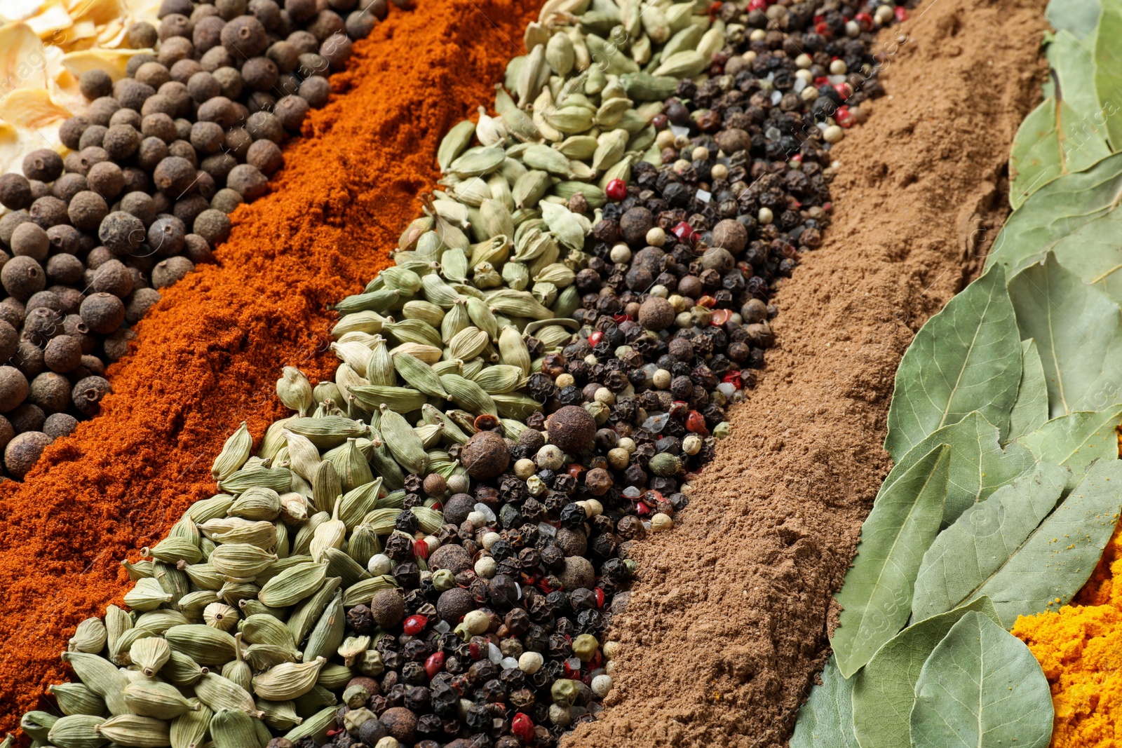 Photo of Set of different spices as background, closeup