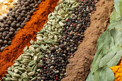 Photo of Set of different spices as background, closeup