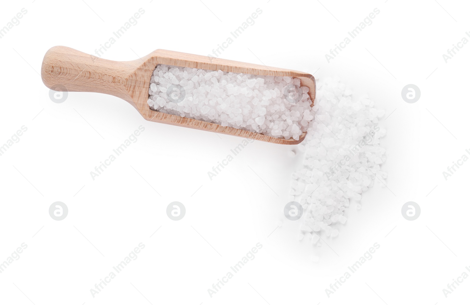 Photo of Wooden scoop with natural sea salt isolated on white, top view