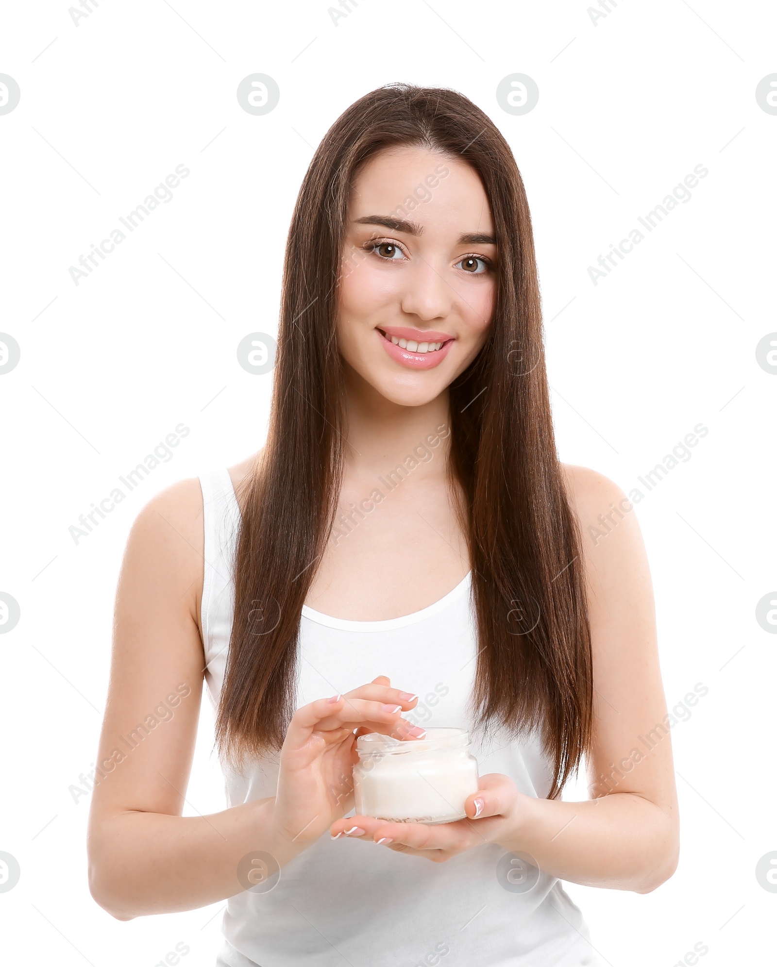 Photo of Young woman with jar of hair mask on white background