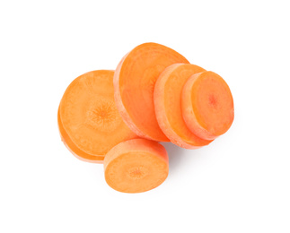 Photo of Slices of fresh ripe carrot isolated on white, top view