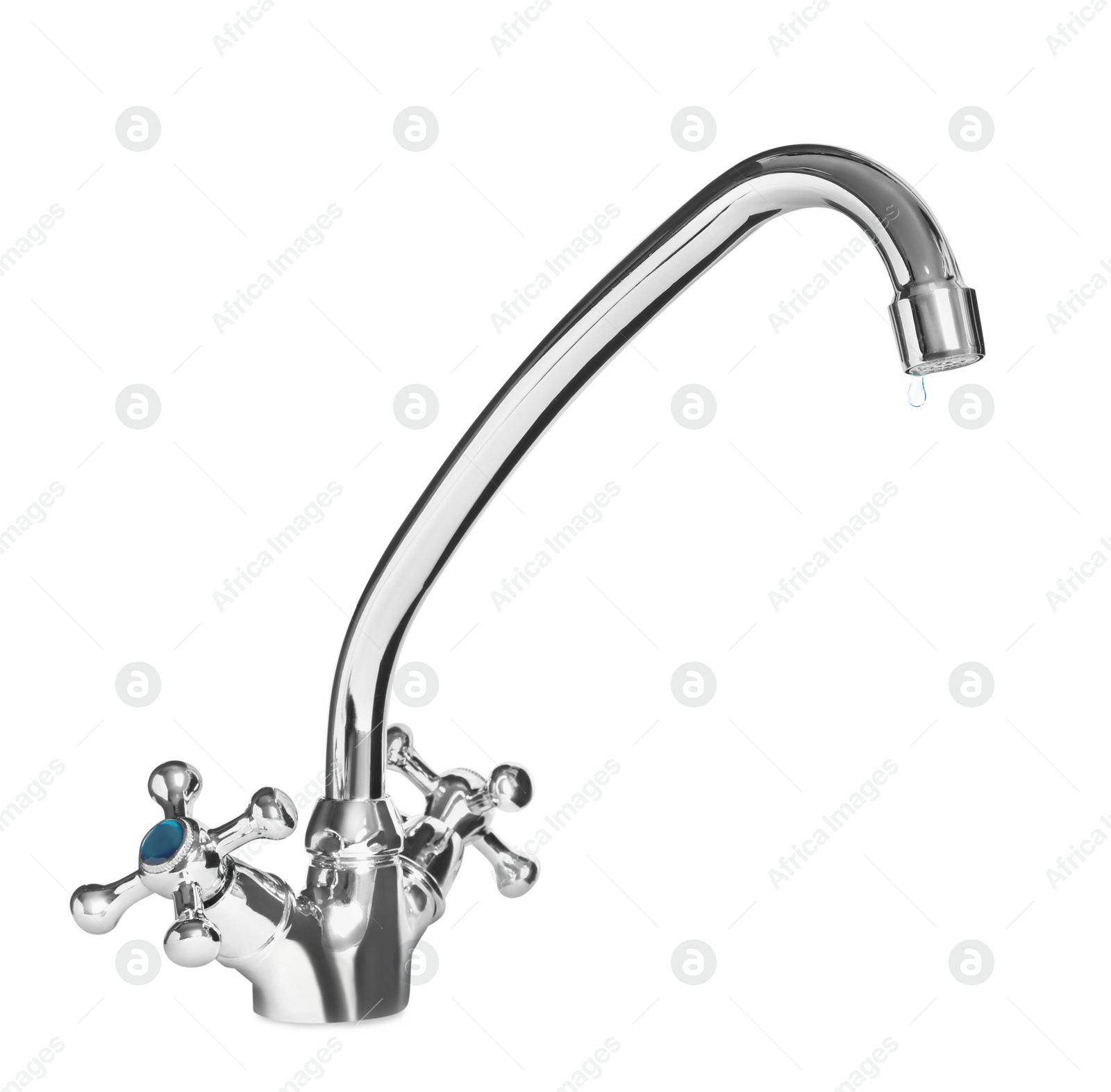 Image of Water drop flowing from tap on white background