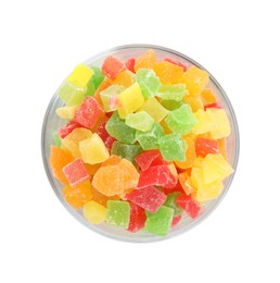 Photo of Mix of delicious candied fruits in bowl isolated on white, top view
