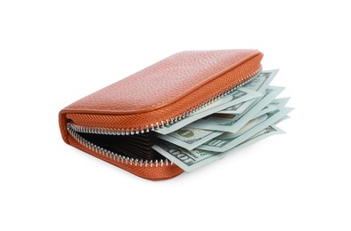 Photo of Stylish brown leather purse with money isolated on white