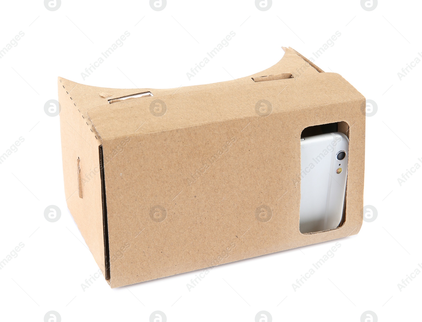 Photo of Cardboard virtual reality headset and smartphone on white background