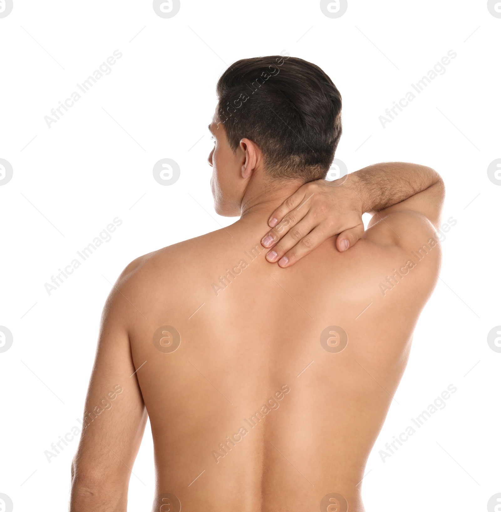 Photo of Man suffering from pain in neck on white background. Visiting orthopedist