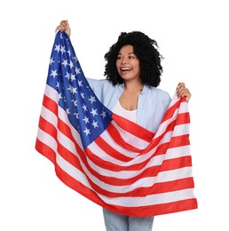 Image of 4th of July - Independence day of America. Happy woman with national flag of United States on white background
