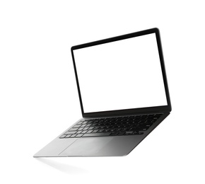 Photo of Laptop with blank screen isolated on white. Mockup for design