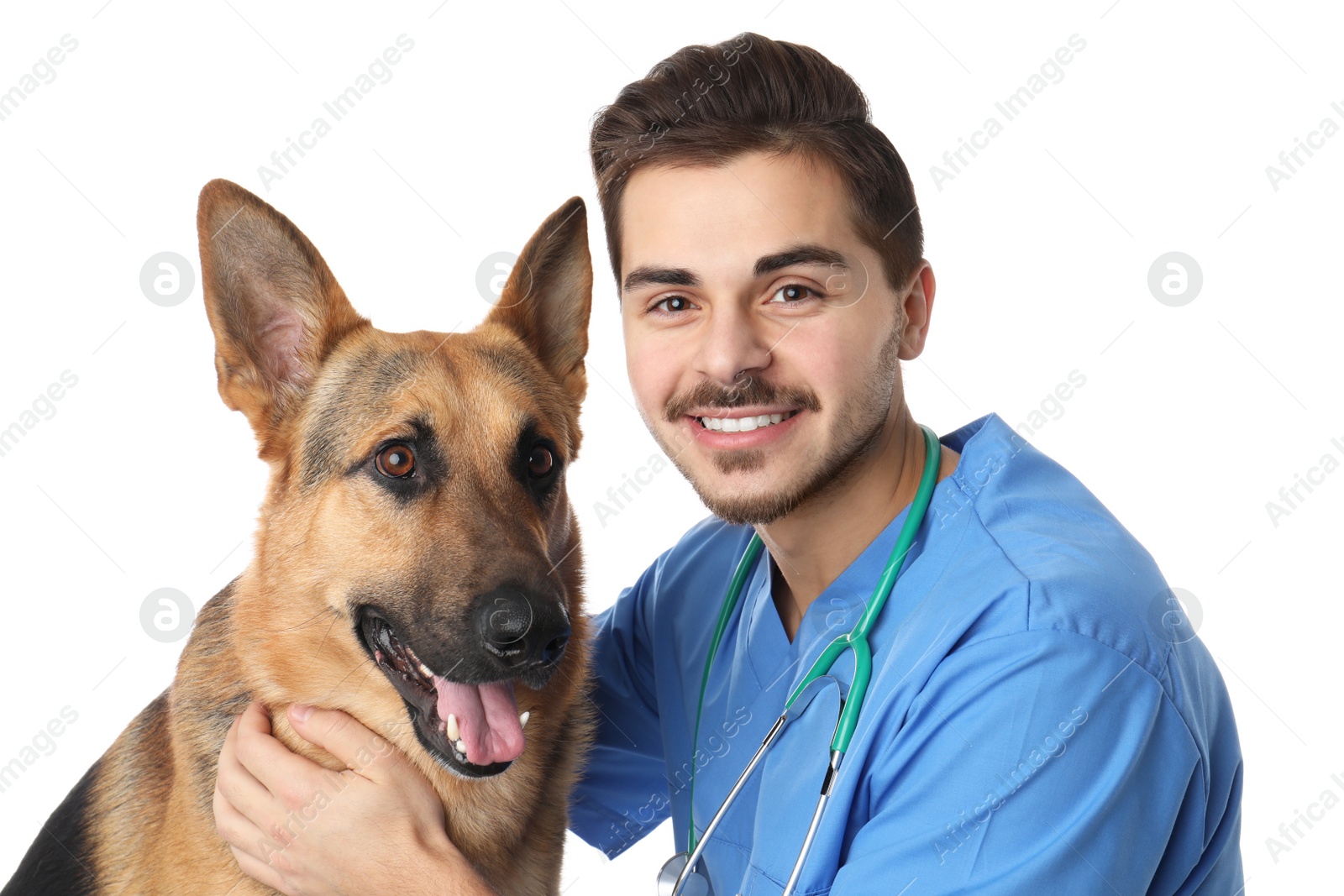 Photo of Veterinarian doc with dog on white background