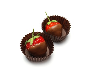 Photo of Delicious chocolate covered strawberries on white background