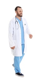 Full length portrait of male doctor isolated on white. Medical staff