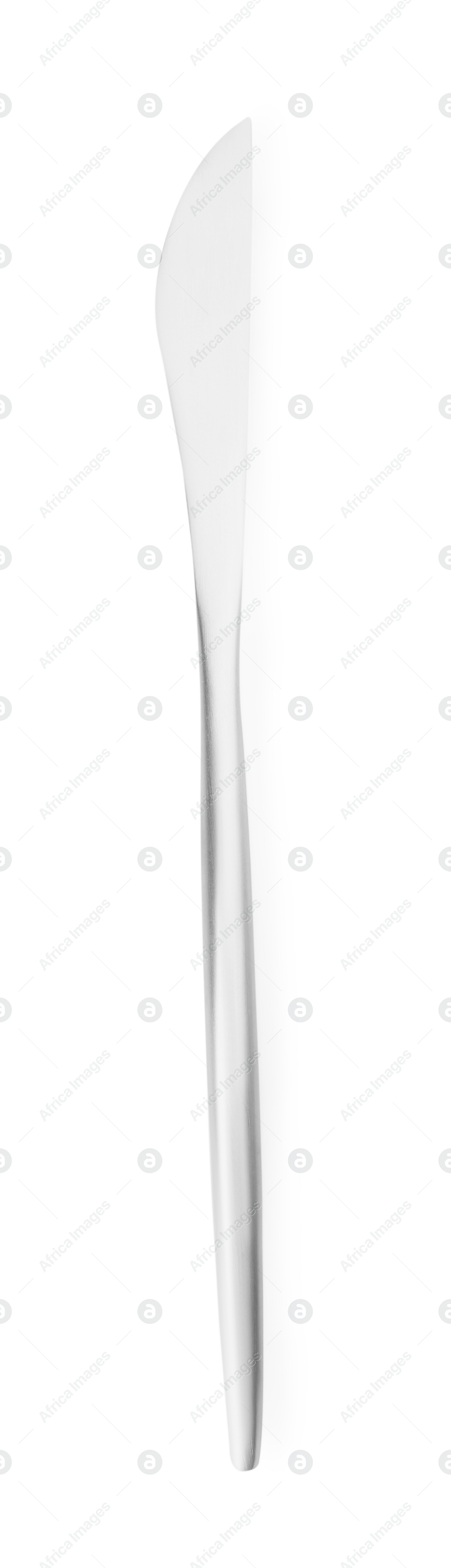 Photo of One shiny silver knife isolated on white, top view