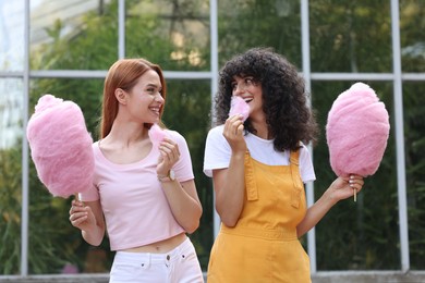 Happy friends with cotton candy spending time together outdoors