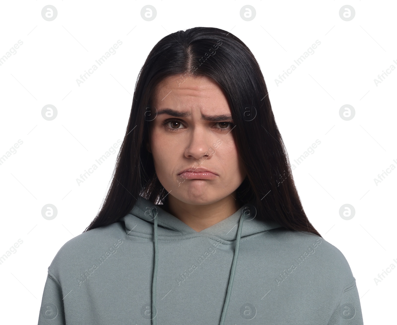 Photo of Sadness. Unhappy woman in hoodie on white background