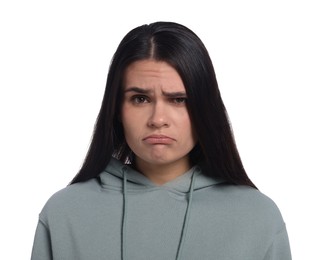 Sadness. Unhappy woman in hoodie on white background