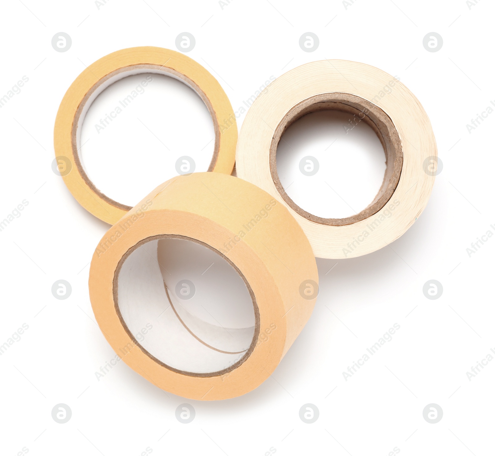 Photo of Rolls of adhesive tape on white background, top view