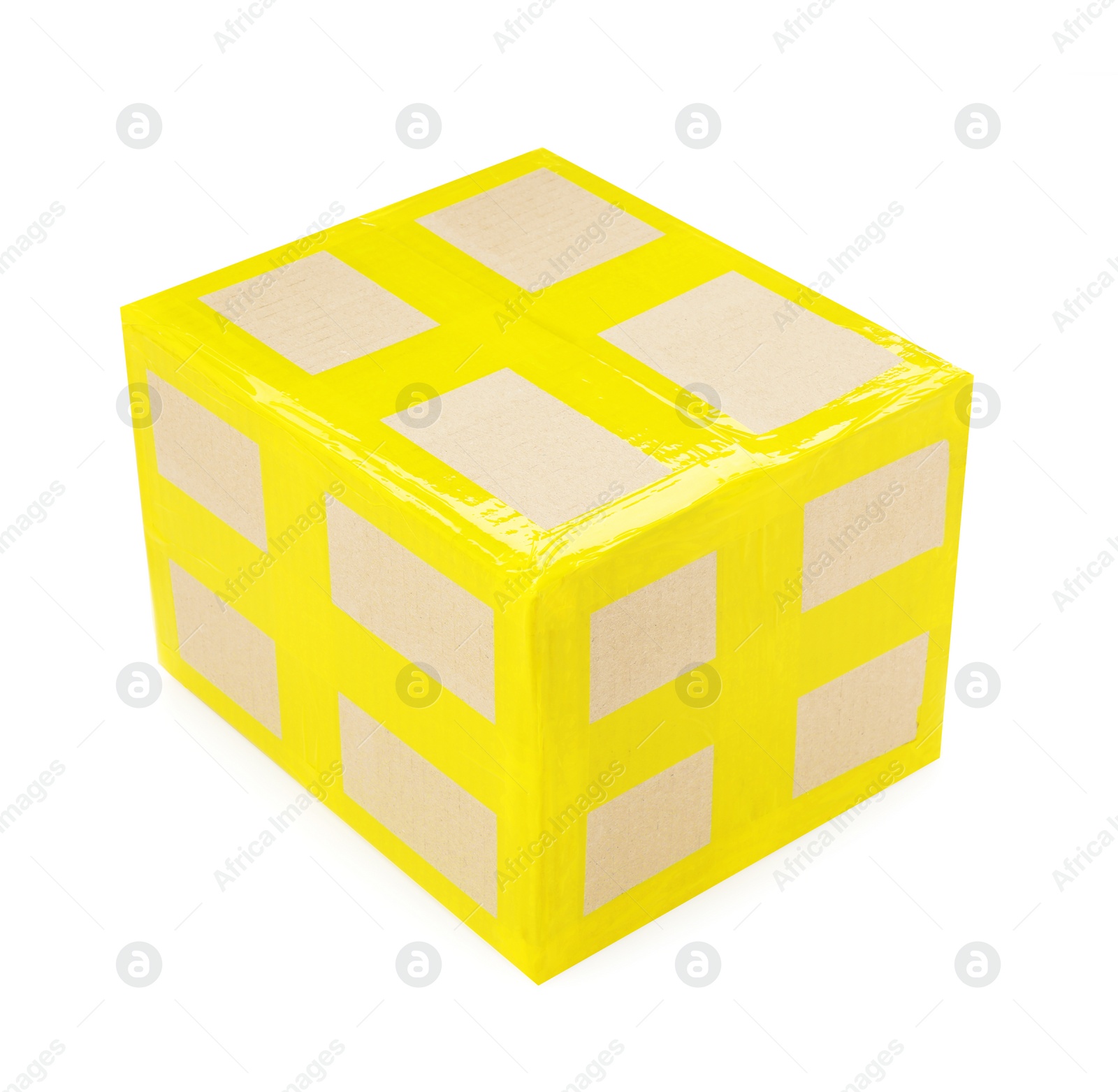 Photo of Cardboard parcel box with yellow sticky tape on white background
