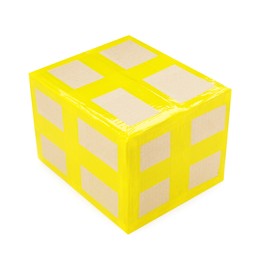 Cardboard parcel box with yellow sticky tape on white background