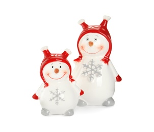 Photo of Two decorative snowmen on white background. Christmas decoration