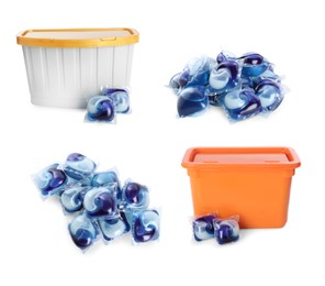 Image of Set with laundry capsules on white background. Detergent pods