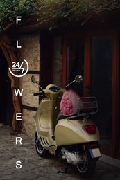 Image of Flowers delivery 24/7 service. Scooter with beautiful bouquet outdoors. Illustration of clock