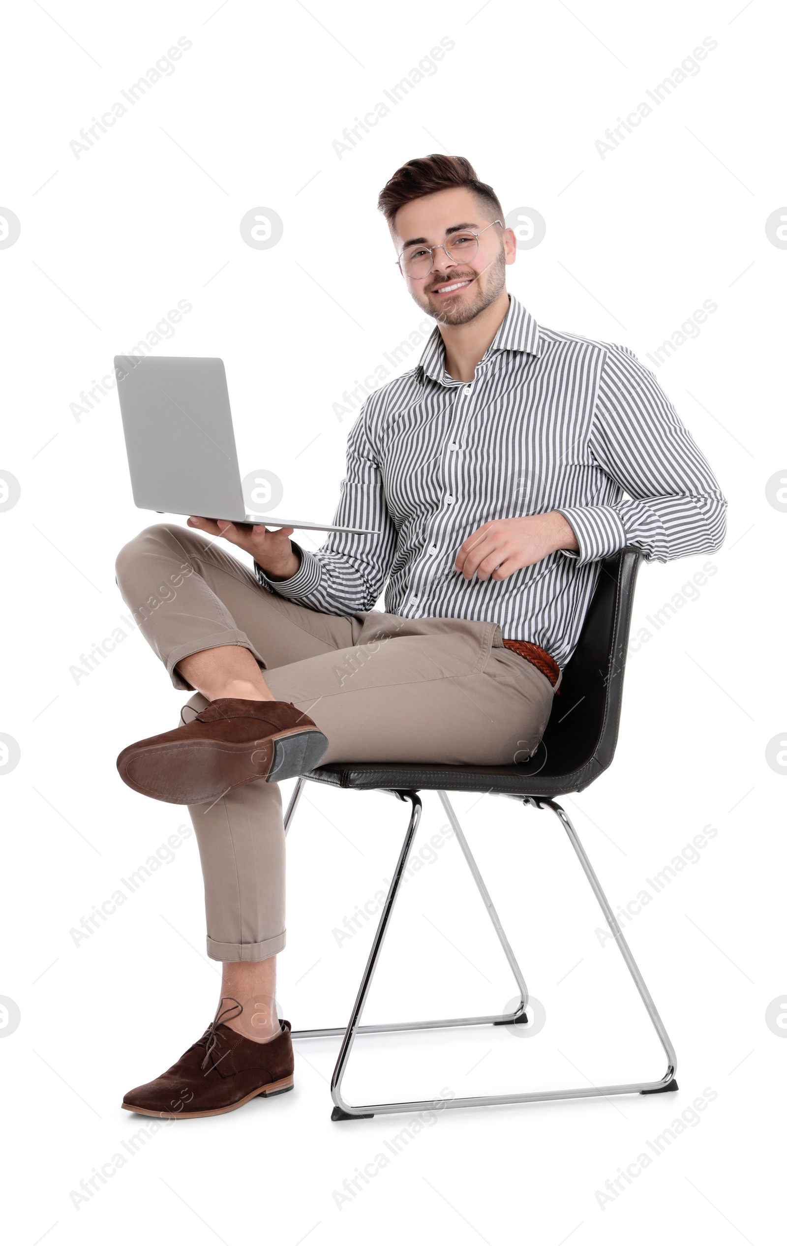 Photo of Happy man with laptop on white background