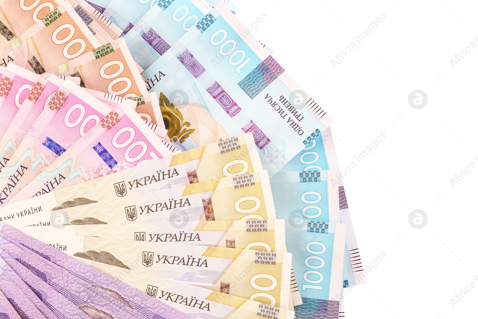 Photo of Ukrainian money on white background, top view